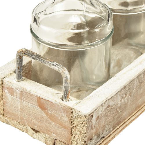 Artikel Fles decoratief glas met houten dienblad vintage 24x9,5x14cm