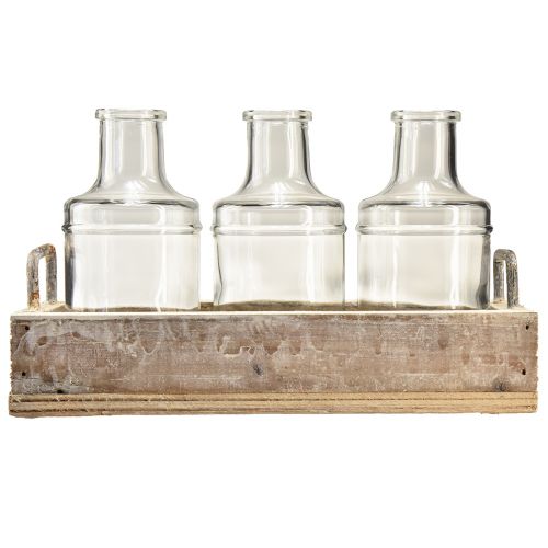 Artikel Fles decoratief glas met houten dienblad vintage 24x9,5x14cm