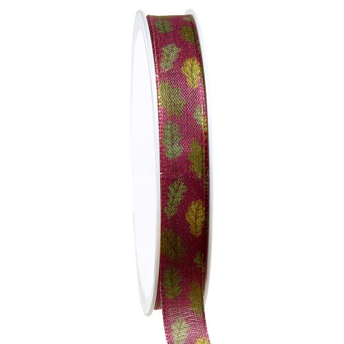 Floristik24 Cadeaulint herfststof lint met eikenbladeren Bordeaux groen 15mm 18m