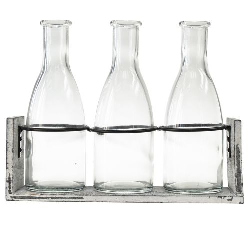 Artikel Rustieke flessenset in houten steun - 3 glazen flessen, grijswit, 24x8x20 cm - Veelzijdig ter decoratie