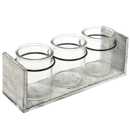 Artikel Rustieke glazen containerset in een grijs en witte houten standaard - 27,5x9x11 cm - Veelzijdige opberg- en decoratieve oplossing