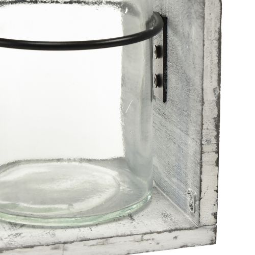 Artikel Rustieke glazen containerset in een grijs en witte houten standaard - 27,5x9x11 cm - Veelzijdige opberg- en decoratieve oplossing