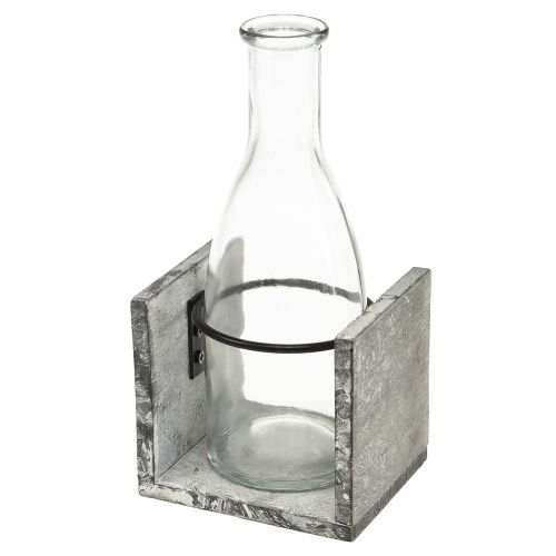 Glazen vaas in grijze houten standaard, 9,5x8x20cm - Rustieke decoratie met 4 flessen