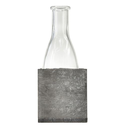Artikel Glazen vaas in grijze houten standaard, 9,5x8x20cm - Rustieke decoratie met 4 flessen
