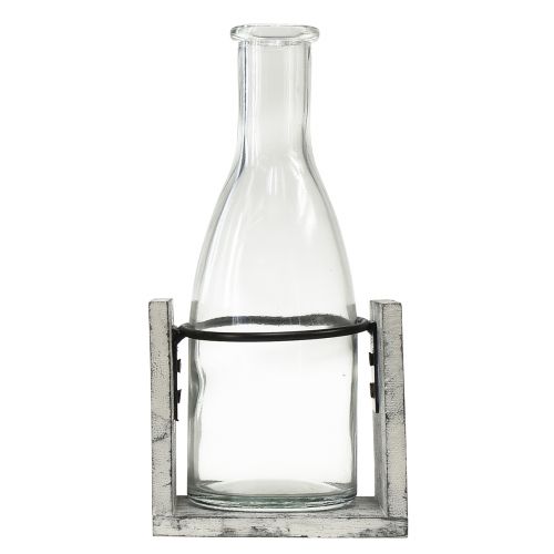 Artikel Glazen vaas in grijze houten standaard, 9,5x8x20cm - Rustieke decoratie met 4 flessen