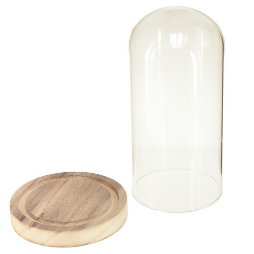 Artikel Glazen bel met voet van helder natuurlijk hout Ø12cm H21cm