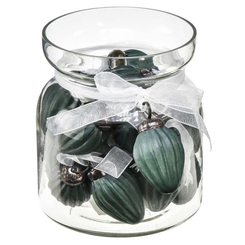 Glazen kegels voor het ophangen van kerstdecoratie glas groen mat Ø10cm 18 stuks in een glas