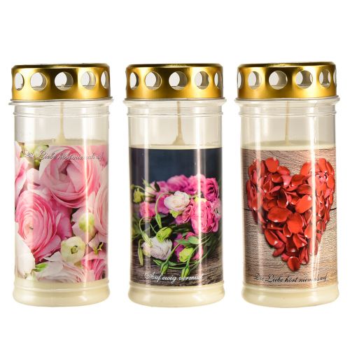 Floristik24 Grafverlichting witte rozen hartmotief rouw Ø7cm H18cm 3st