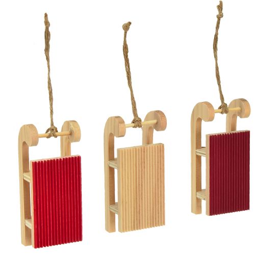 Artikel Houten slee miniatuur, rood-naturel, 4x8,5 cm, set van 6 - Kerstdecoratie