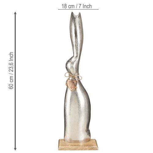 Artikel Decoratief konijn zilver op houten voet – Elegante paasfiguur met harthanger H60cm