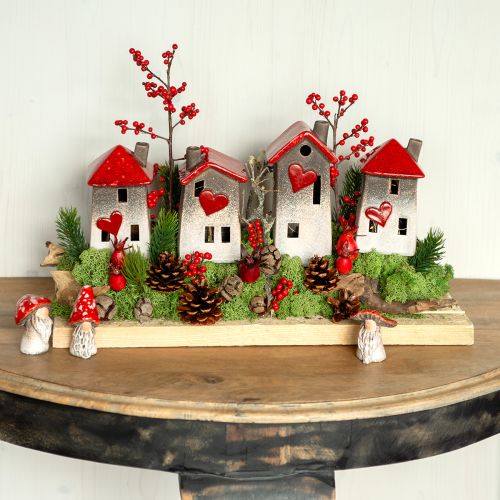 Floristik24 Romantische keramiekhuisjes met hartmotief – rood en natuurtinten, 11 cm – liefdevol vormgegeven winterdecoratie – 3 stuks