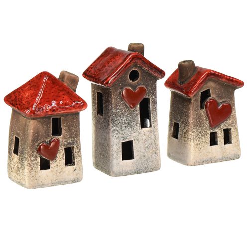 Floristik24 Romantische keramiekhuisjes met hartmotief – rood en natuurtinten, 11 cm – liefdevol vormgegeven winterdecoratie – 3 stuks