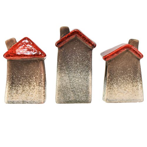 Artikel Romantische keramiekhuisjes met hartmotief – rood en natuurtinten, 11 cm – liefdevol vormgegeven winterdecoratie – 3 stuks
