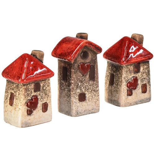 Floristik24 Keramieken huis met rood dakraam en hart - 6 cm - Idyllische decoratie voor huis en tuin - 6 st