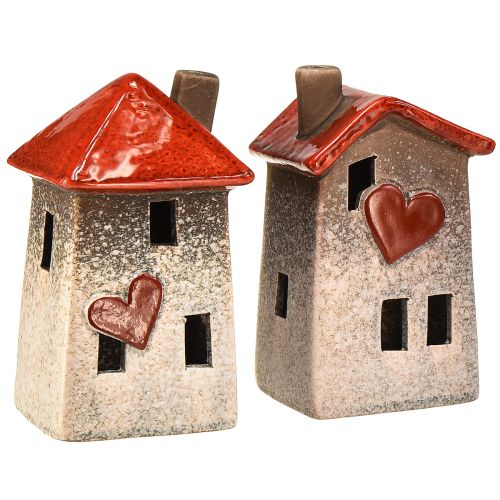 Floristik24 Liefdevolle keramische huisjes - hartdesign, rood en naturel, 17,5 cm - romantische decoratie voor in huis, 2 stuks