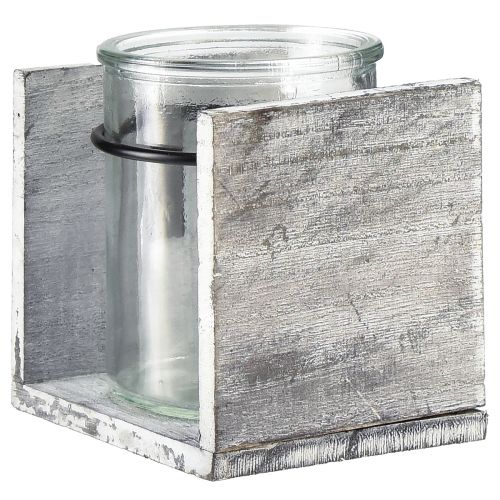 Artikel Theelichthouder van glas in rustiek houten frame - grijswit, 10x9x10cm - charmante tafeldecoratie 3 stuks