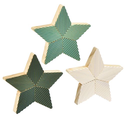 Houten sterren gecanneleerde tafeldecoratie groen mint wit 11cm 6 st