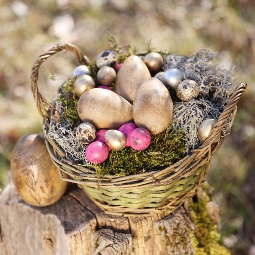 Artikel Houten eieren natuurlijk mangohout Paaseieren van hout bloemendecor H10cm 3 st.