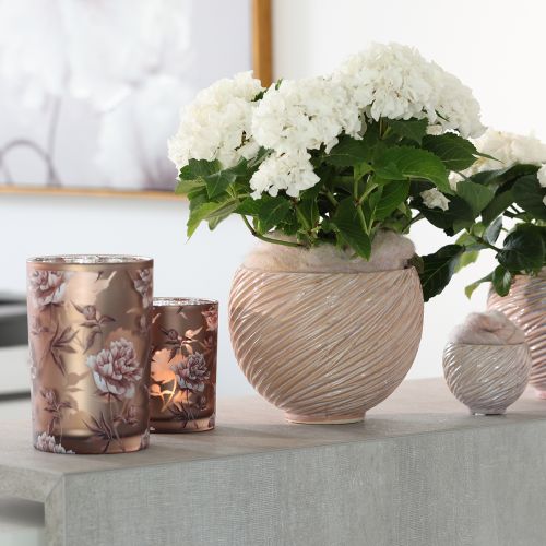 Artikel Keramische plantenbak crème-roze - moderne decoratieve plantenbak met groefpatroon Ø15cm 2 stuks