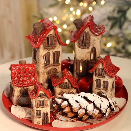 Keramische huisjes decoratieset: kleine huisjes met rood dak, 8 cm, 2 stuks | Floristik24.nl