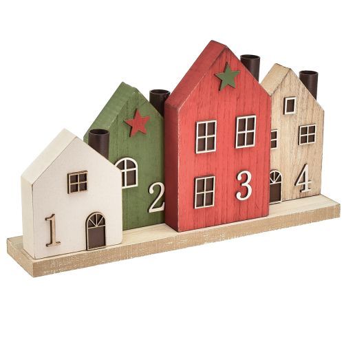 Artikel Kaarsenhouder Adventskrans stokkaarsen huisjes 35cm H20cm