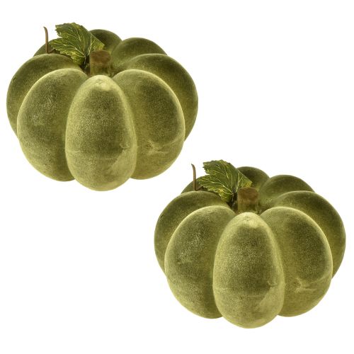 Artikel Pompoendecoratie geflockt 20cm pompoengroen fluwelen look 2 stuks