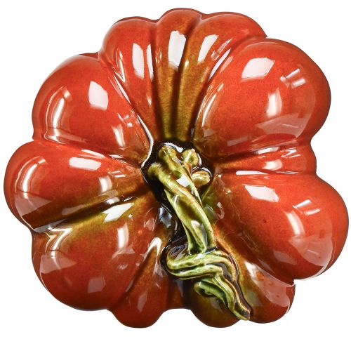 Artikel Glanzende keramische pompoen in helder roodoranje met groene steel - 21,5 cm - ideale herfstdecoratie
