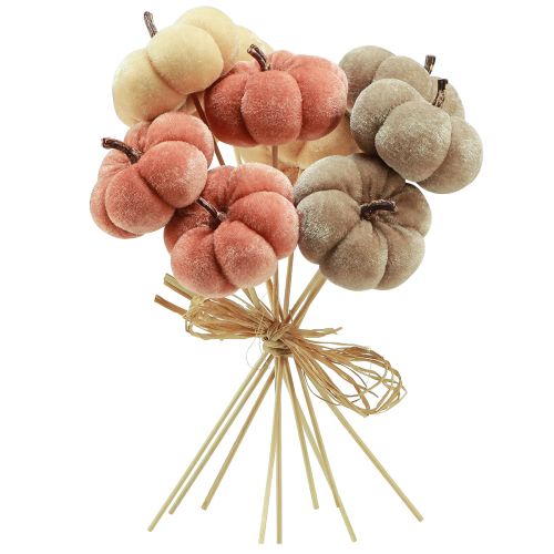Artikel Decoratieve pompoen van stof op stokje geel bruin oranje Ø7cm 9 stuks