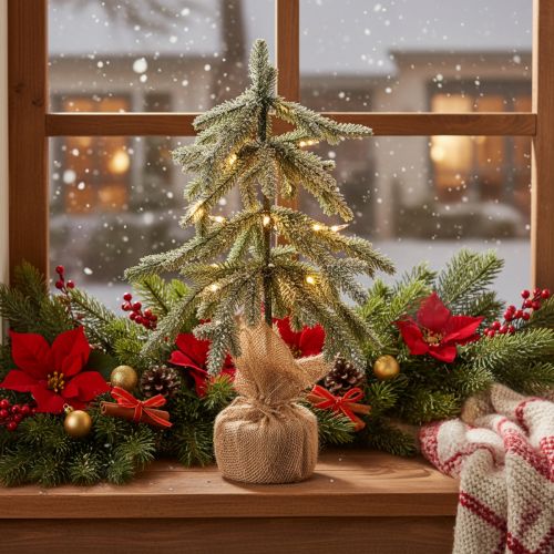 Kunstplant met sneeuw, LED-kerstboom in een jutezak, werkt op batterijen, voor gebruik binnenshuis, 50 cm | Floristik24.nl