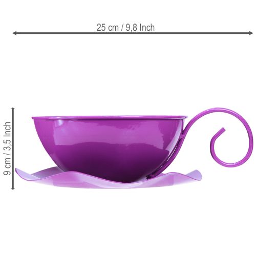 Metalen decoratieve kop Ø16cm H9cm theekopje met schoteltje paars 2 stuks | Floristik24.nl