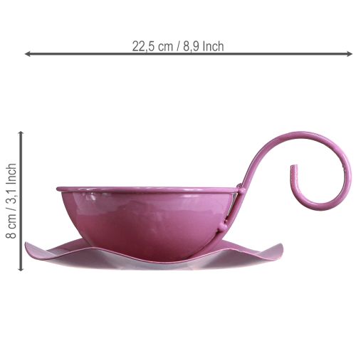 Artikel Decoratieve metalen kop met schotel, roze, H8cm Ø11,5cm, 2 stuks