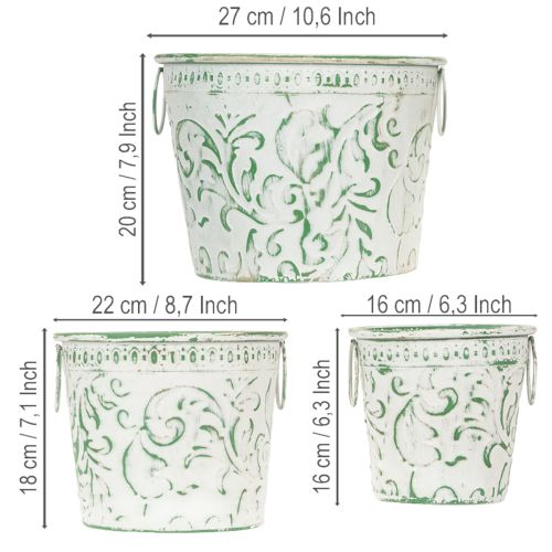 Artikel Metalen potten met handvatten, plantenbakken met reliëf, wit, groen, shabby chic, H20.5/18.5/16cm, Ø25.5/20.5/15.5cm, set van 3