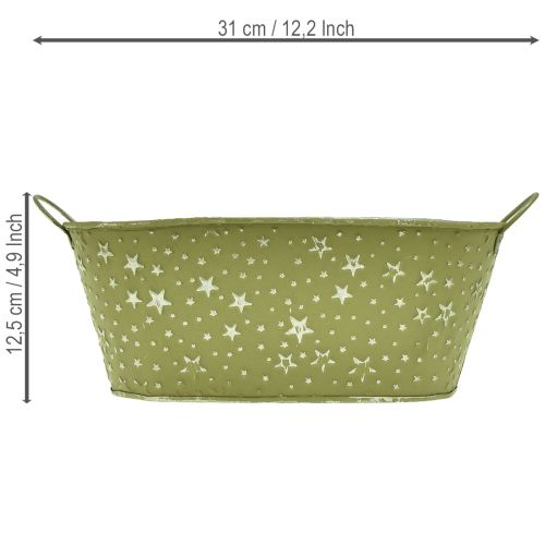 Ovale metalen schaal met sterren en handvatten, groen, 31 × 16 cm, H 12,5 cm | Floristik24.nl