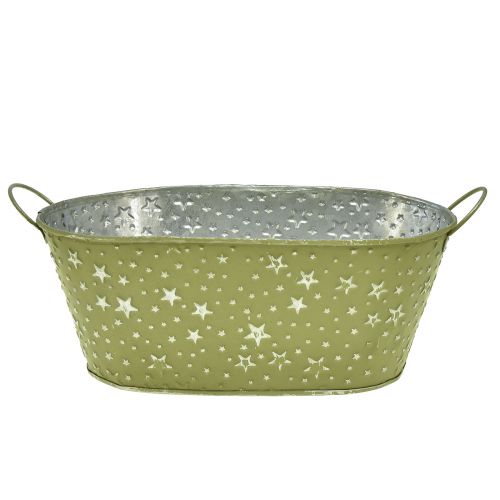 Floristik24 Metalen kom ovale sterren en handgrepen groen 31×16cm H12,5cm
