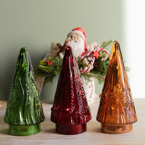 Artikel Mini glazen kerstboom LED rood groen bruin 18cm 3 stuks