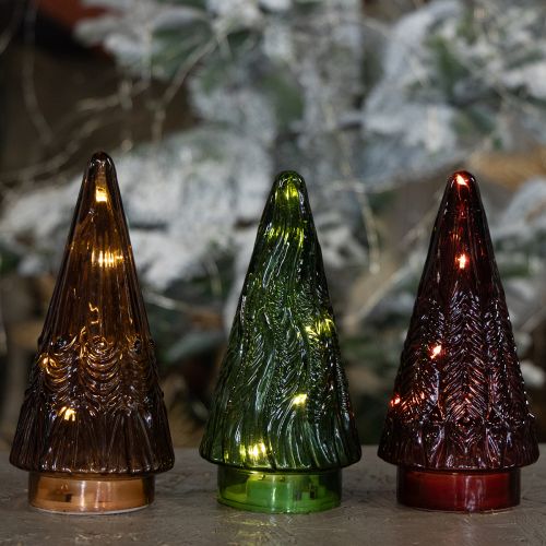 Artikel Mini glazen kerstboom LED rood groen bruin 18cm 3 stuks