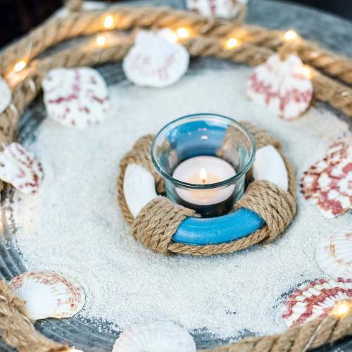 Floristik24 Nautische decoratie lantaarn glas met reddingsboei blauw, wit Ø12cm