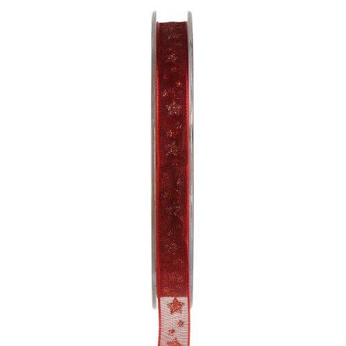 Organzalint rood met fonkelende sterren – Kerstlint 10mm 20m