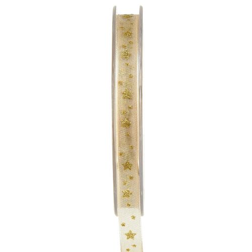 Floristik24 Organzalint Kerstlint sterren beige goud B10mm L20m