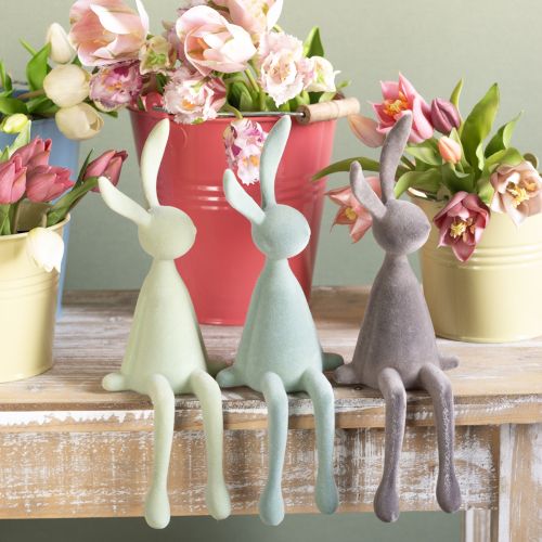 Floristik24 Paashaas Decoratie Konijn Zittend Gevlokt – 2e Keuze – Groen Bruin 36cm 3 Stuks