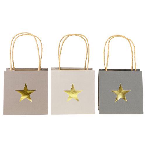 Artikel Papieren zakken met ster en handvat grijs geassorteerd 12×12×12cm 9 stuks
