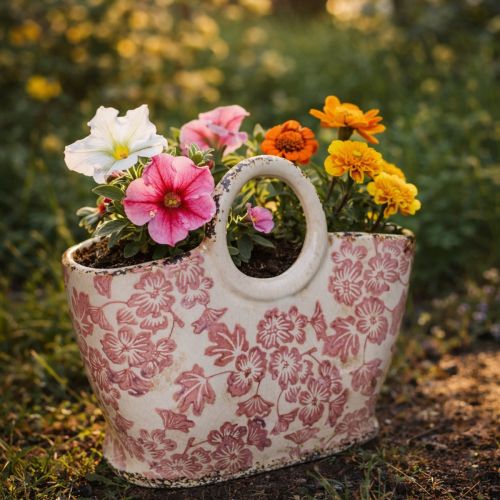 Artikel Decoratieve plantenpot met handvat, bloemenmotief, 21 cm