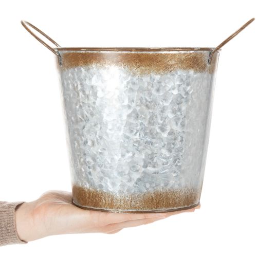 Artikel Metalen plantenbak, bloempot met zilverkleurige handgrepen, verweerde stalen afwerking, Ø18cm H20cm