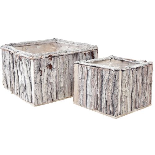 Artikel Plantenbak hout met schors naturel wit 17/24cm set van 2 stuks