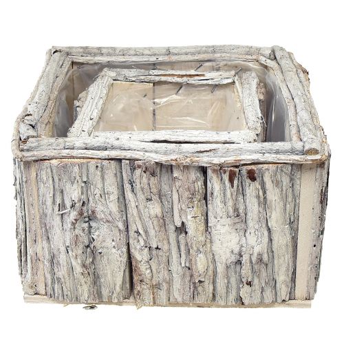 Artikel Plantenbak hout met schors naturel wit 17/24cm set van 2 stuks
