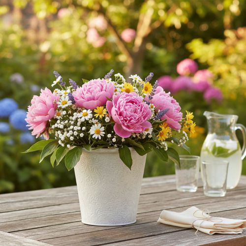 Artikel Bloempot met ornamenten, sierpot, metalen container, wit, Ø15,5 cm, H14,5 cm