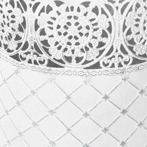 Artikel Bloempot met kantpatroon, metalen container, decoratieve emmer, wit, zilver, shabby chic, H28/25,5/23,5 cm, Ø29,5/25,5/20 cm, set van 3