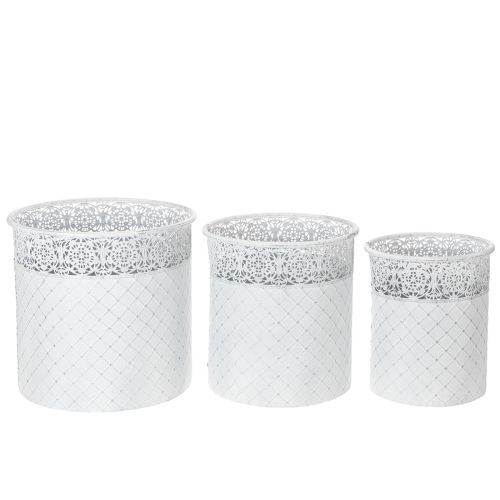 Artikel Bloempot met kantpatroon, metalen container, decoratieve emmer, wit, zilver, shabby chic, H28/25,5/23,5 cm, Ø29,5/25,5/20 cm, set van 3