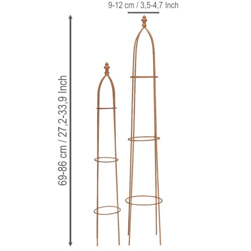 Artikel Obelisk van metaal met roestlook en traliewerk, 69/86 cm, set van 2