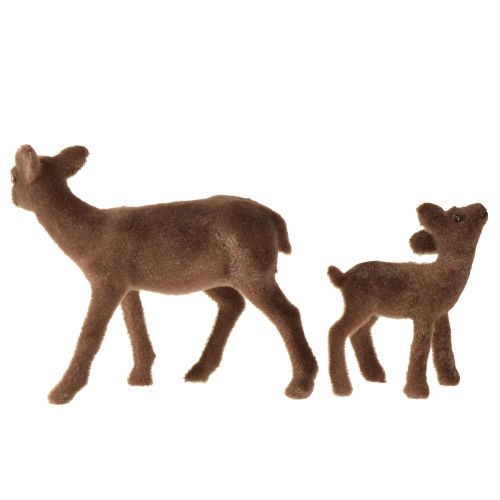 Artikel Decoratiefiguren herten Kerst bruin gevlokt hert met reekalf in een set H9/5,5cm 4 stuks